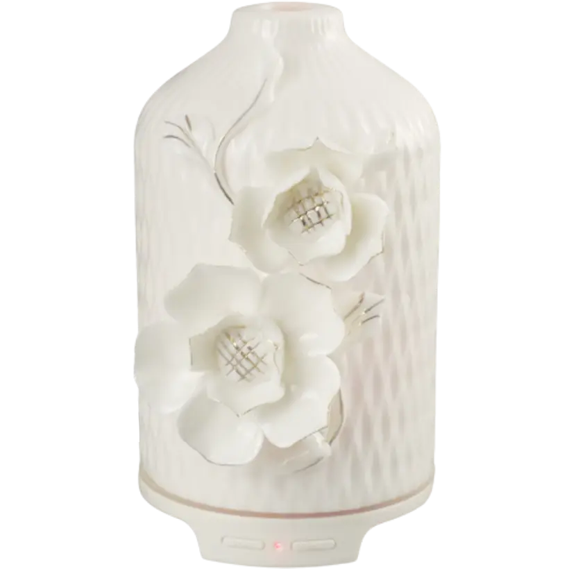 Green-Life ceramic ultrasonic diffuser GEA18B501C47 with handmade flower detailing, designed for fragrance brands and giftware importers seeking decorative private label aroma diffuser collections.