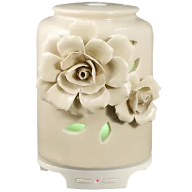 Green-Life ceramic ultrasonic diffuser GLE17318 with handmade flower detailing, designed for fragrance brands and giftware importers seeking decorative private label aroma diffuser collections.