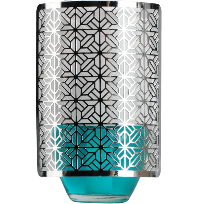 Green-Life metal plug-in air freshener GL24EP1036 with decorative cutout housing combining ambient lighting effect with fragrance diffusion for premium retail scent products.