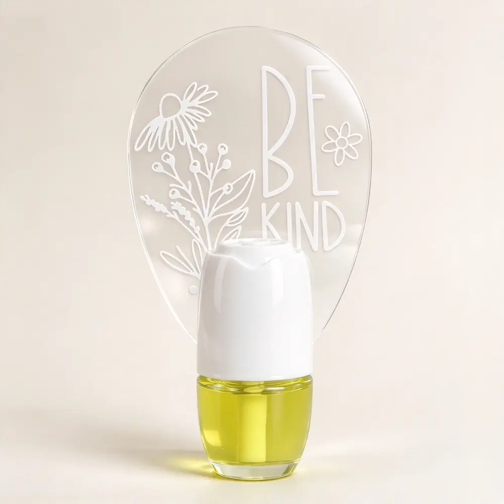 Green-Life plug-in air freshener GL25EP1018 with laser cut acrylic ornament panel, developed for decorative fragrance products and customizable retail scent collections.