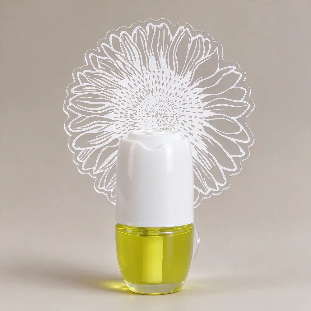 Green-Life plug-in air freshener GL25EP1022 with laser cut acrylic ornament panel, developed for decorative fragrance products and customizable retail scent collections.
