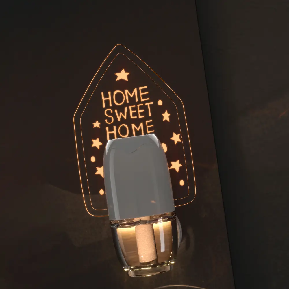 Green-Life plug-in air freshener GL25EP1023 with laser cut acrylic ornament panel, developed for decorative fragrance products and customizable retail scent collections.