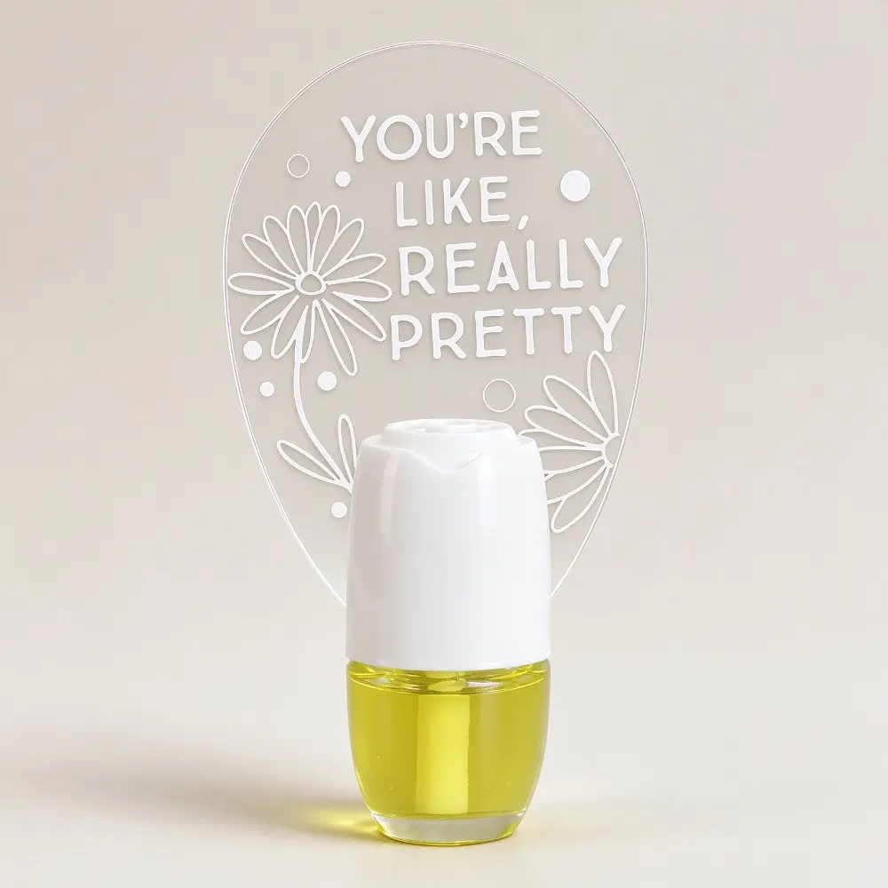 Green-Life plug-in air freshener GL25EP1026 with laser cut acrylic ornament panel, developed for decorative fragrance products and customizable retail scent collections.