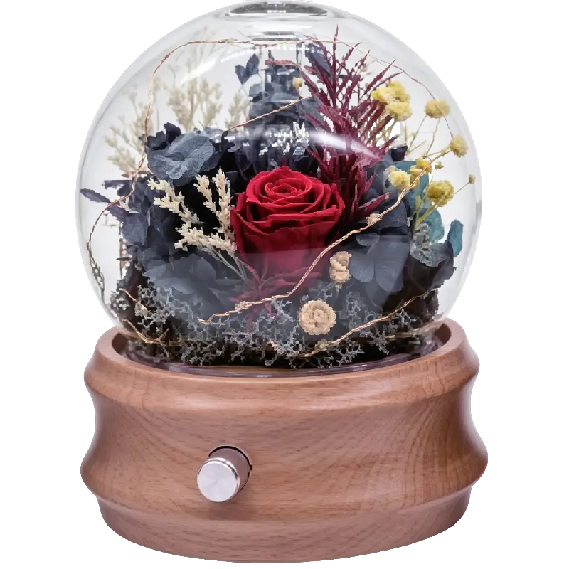 Green-Life glass nebulizing diffuser GF25EW011E27 with preserved flower decoration for premium gift and aromatherapy markets