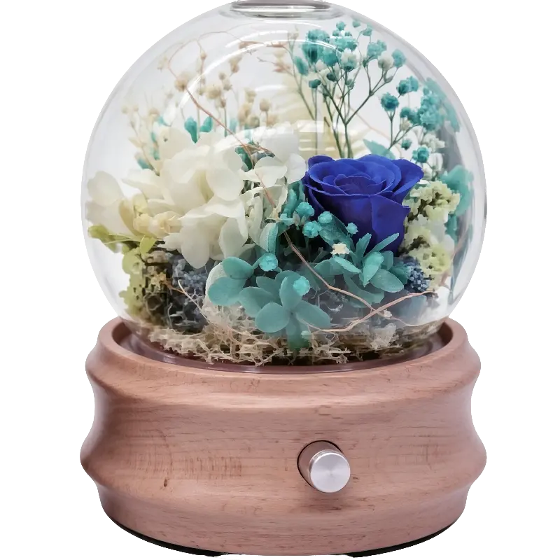 Green-Life glass nebulizing diffuser GF25EW08E27 with preserved flower decoration for premium gift and aromatherapy markets