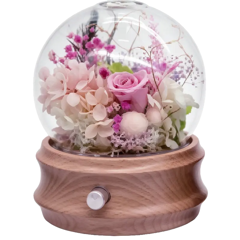 Green-Life glass nebulizing diffuser GF25EW09E27 with preserved flower decoration for premium gift and aromatherapy markets
