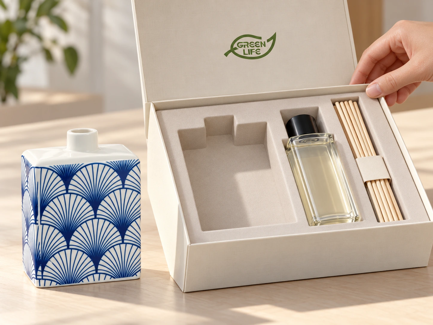 Blue and white ceramic vessel beside a gift box with separate compartments for sealed fragrance and reeds.