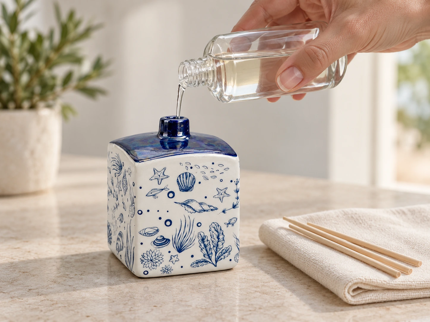 Fragrance liquid poured into a blue and white ceramic diffuser with fresh reeds placed beside the vessel.