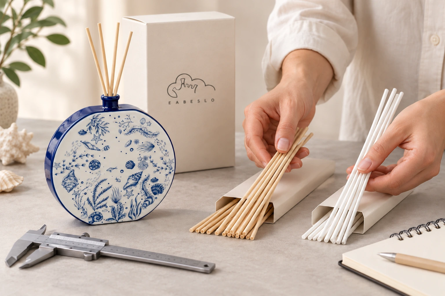 Buyer comparing natural reeds and white fibre sticks beside a blue and white decorative diffuser.