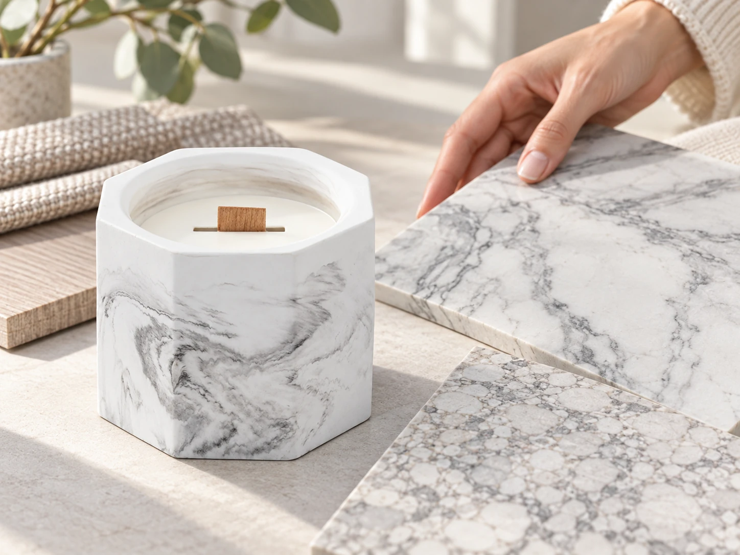 A grey and white patterned candle vessel beside interior material samples with different vein scales