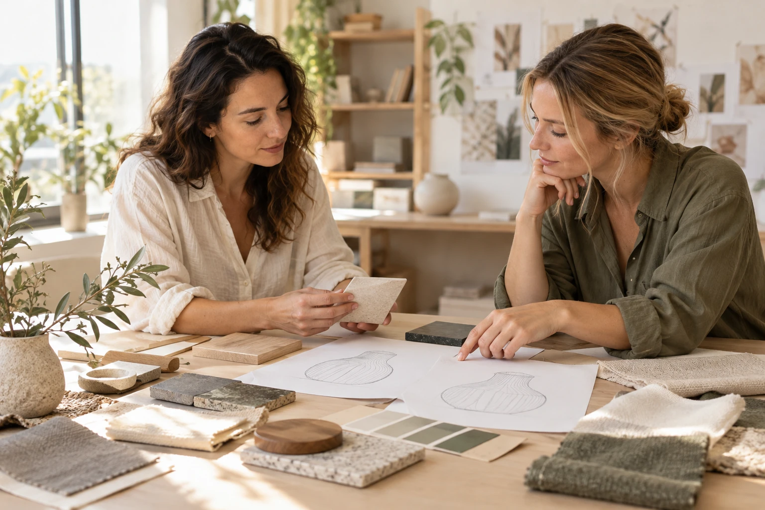 Two designers discuss material samples and vessel silhouette sketches