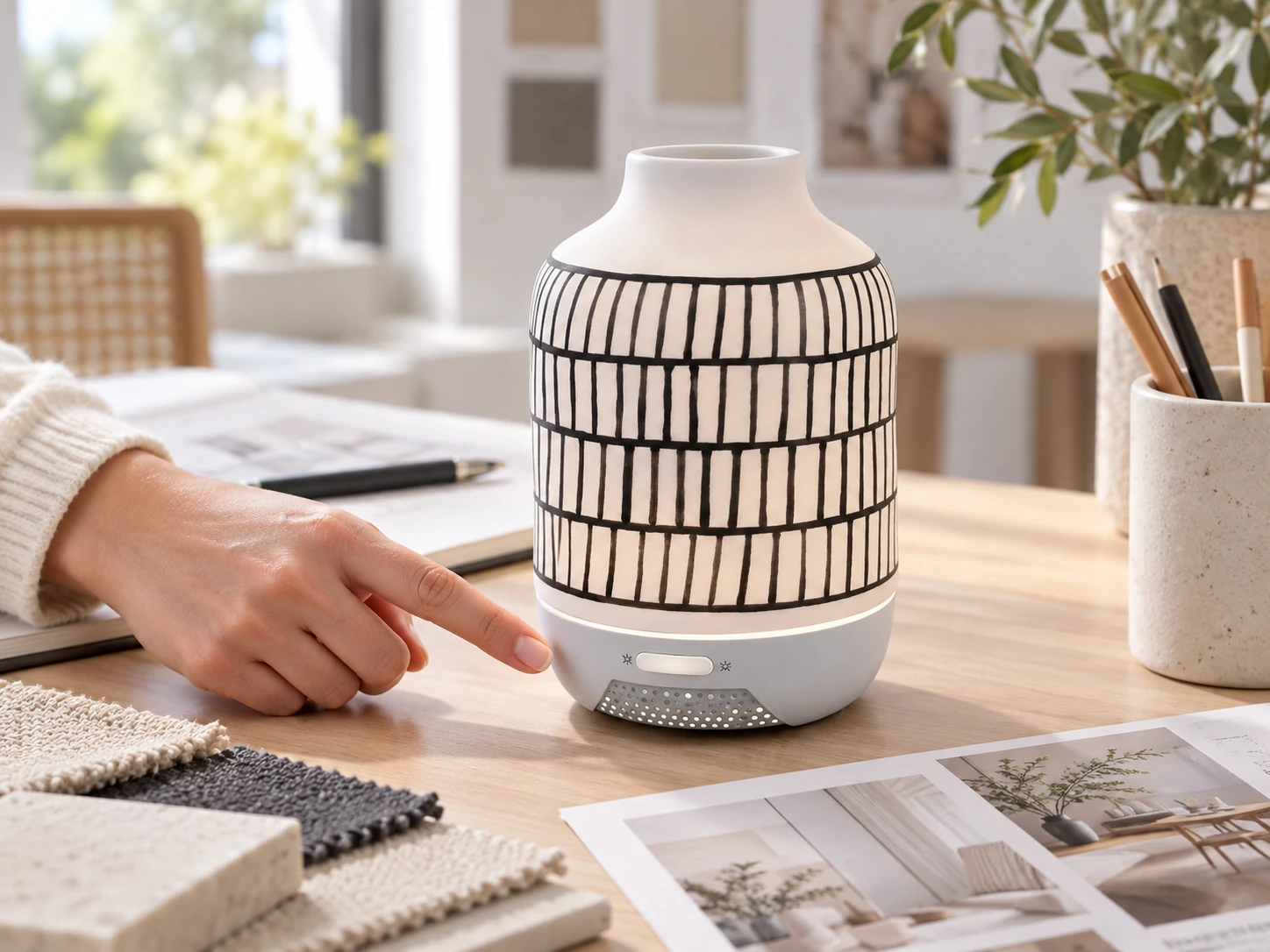 A hand points beside the base controls of a black and white geometric-pattern aroma diffuser