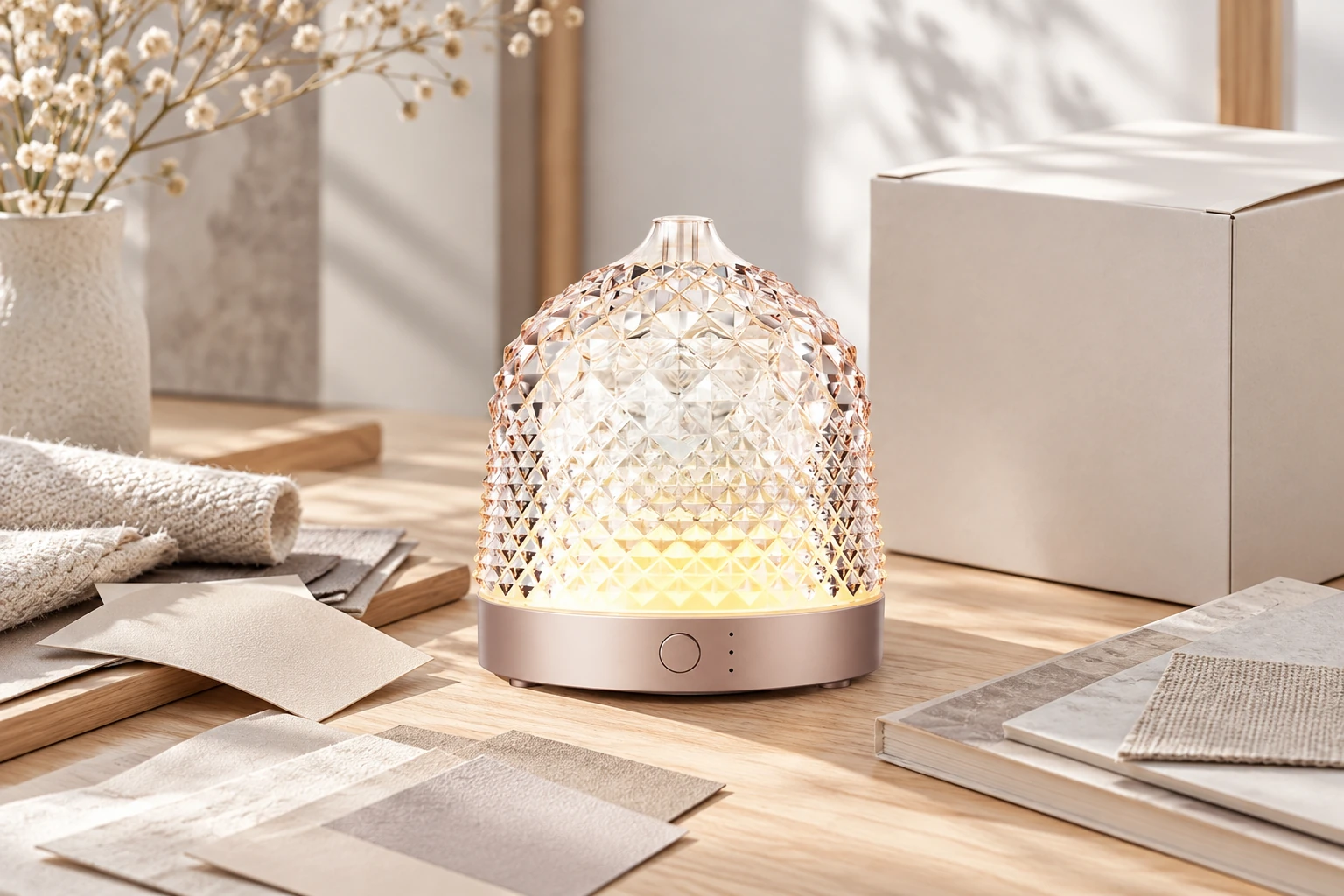 A faceted glass diffuser beside neutral packaging and material swatches