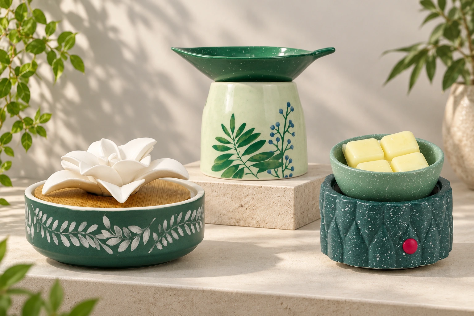 Ceramic flower diffuser, tealight oil burner and electric wax warmer in a coordinated green retail display