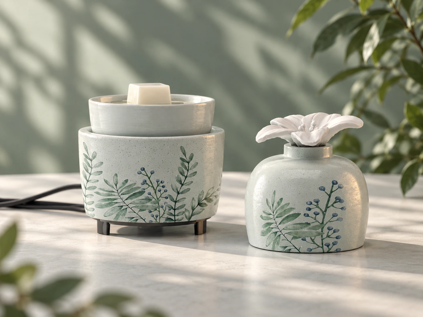 Botanical leaf patterns connect a ceramic electric wax warmer and a ceramic flower diffuser