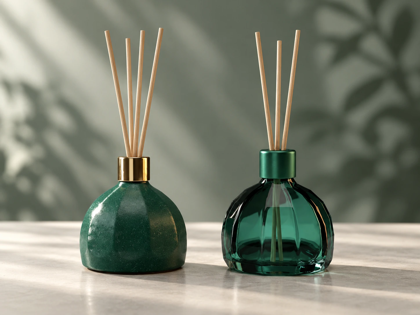 Opaque green ceramic reed diffuser beside a translucent faceted green glass reed diffuser