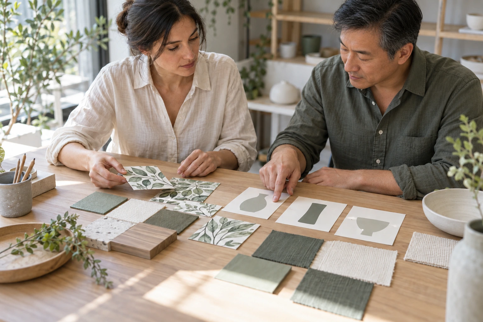 Two designers including a middle-aged Chinese man compare botanical artwork, material swatches and vessel silhouettes