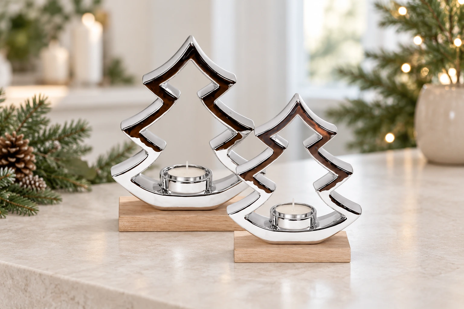 Two silver Christmas tree tealight holders on wooden bases in a softly lit seasonal display.