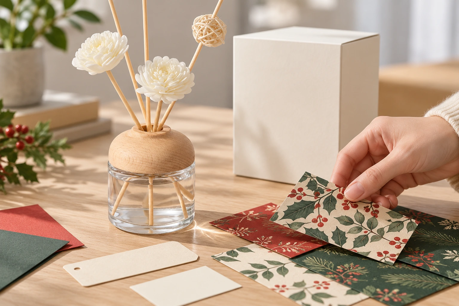 A hand selects festive packaging artwork beside a glass diffuser bottle with a wooden cap.