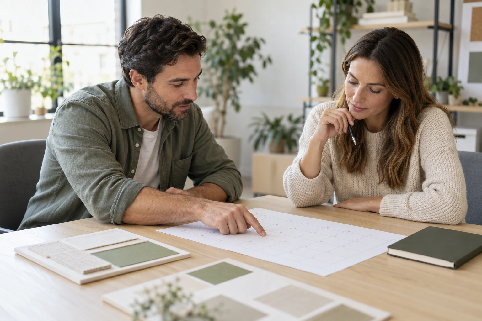 Two colleagues review a planning calendar and packaging samples for a seasonal product launch.