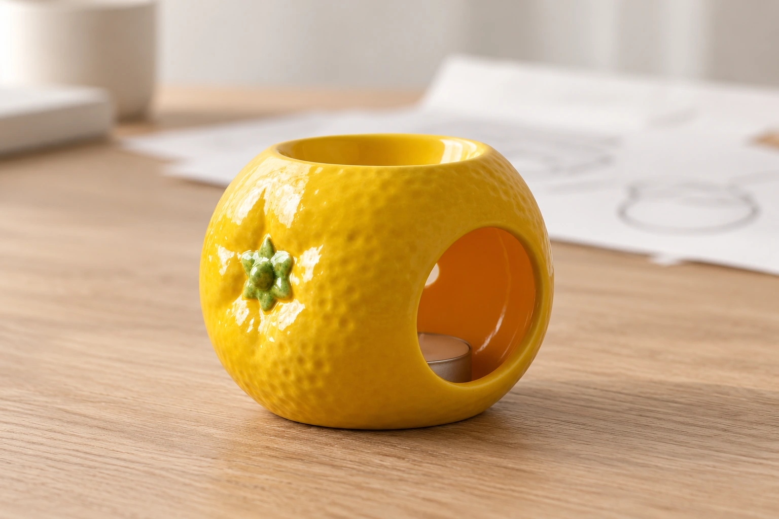 Brûleur à huile en céramique en forme d'agrume jaune, posé sur une table de design industriel