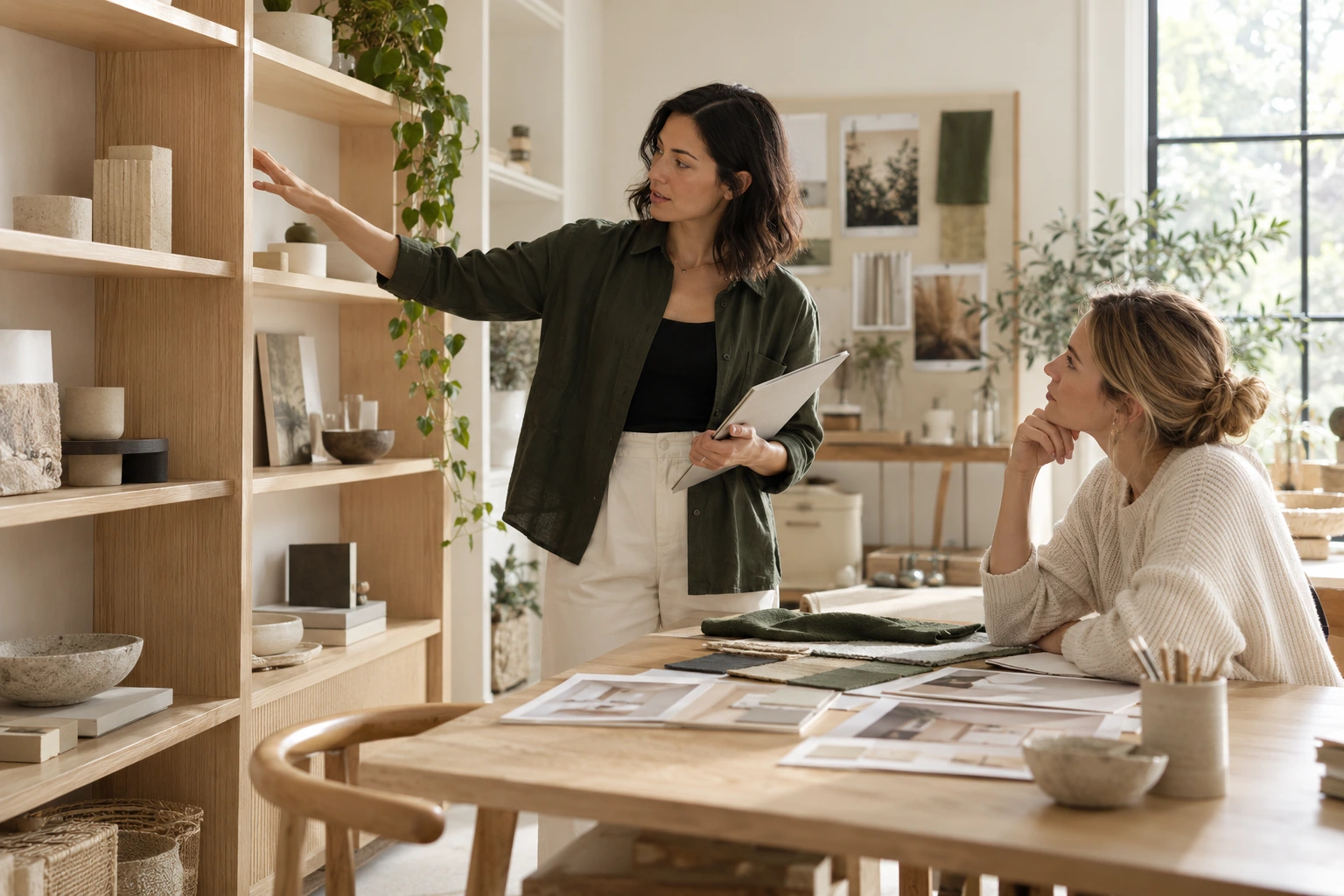 Deux professionnels du merchandising discutent du matériel de présentation dans un studio-boutique