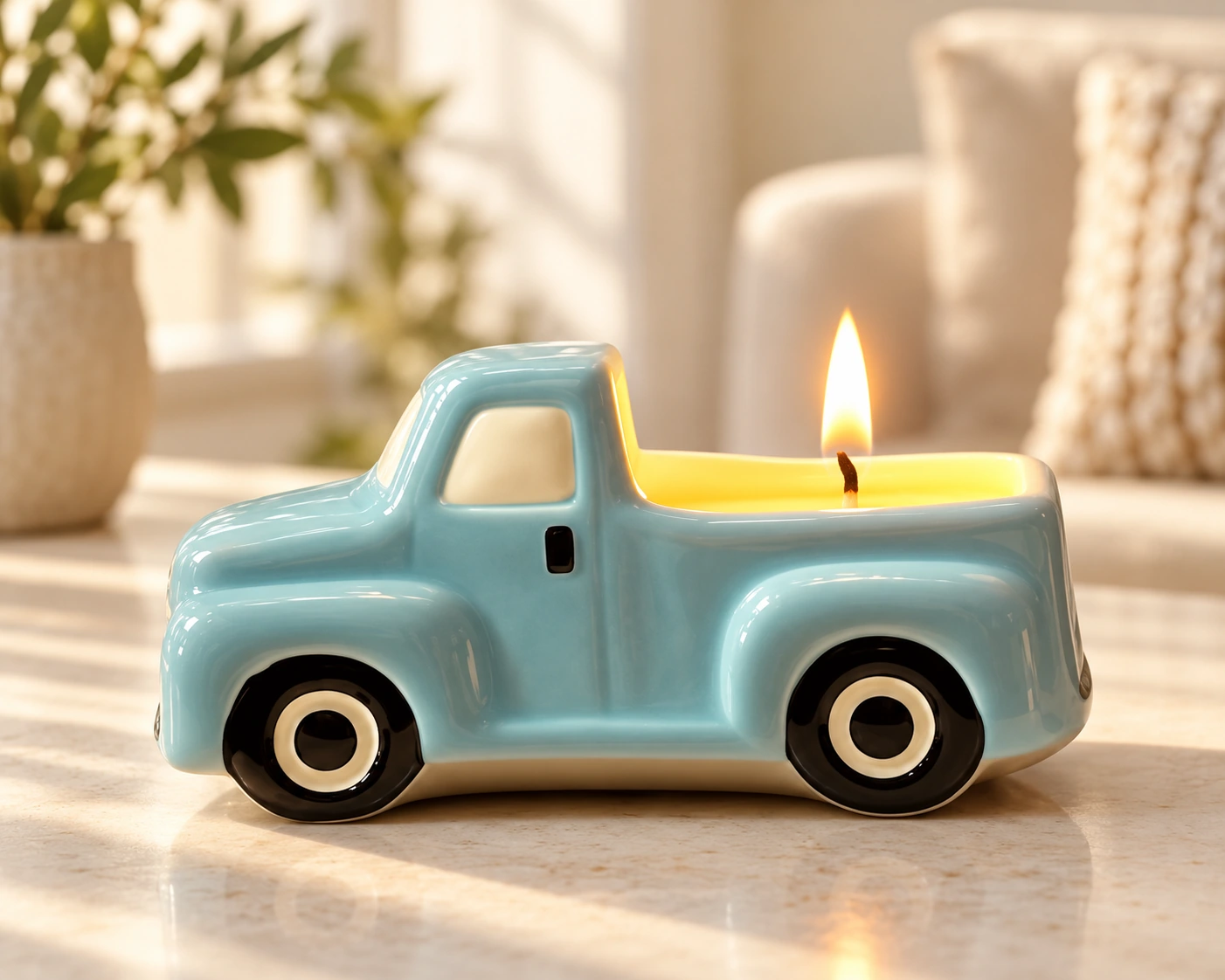Récipient à bougie en céramique bleu pâle en forme de voiture, avec une mèche allumée