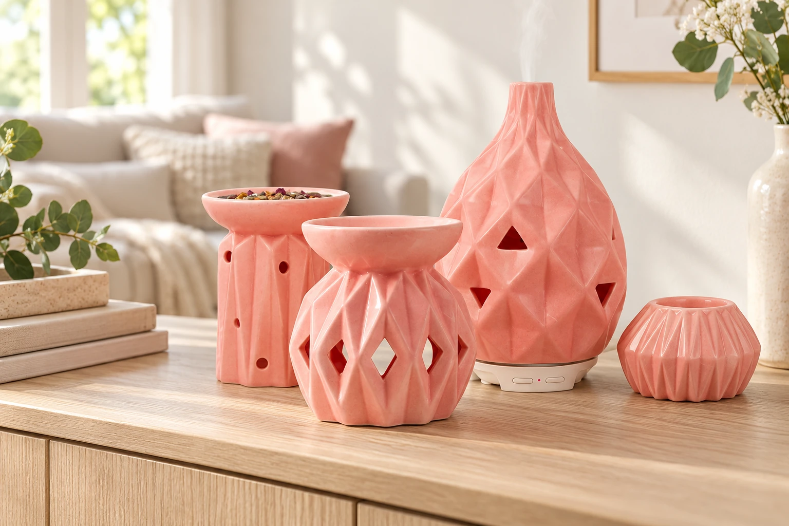Pink ceramic ultrasonic diffuser and complementary fragrance vessels with coordinated faceted designs