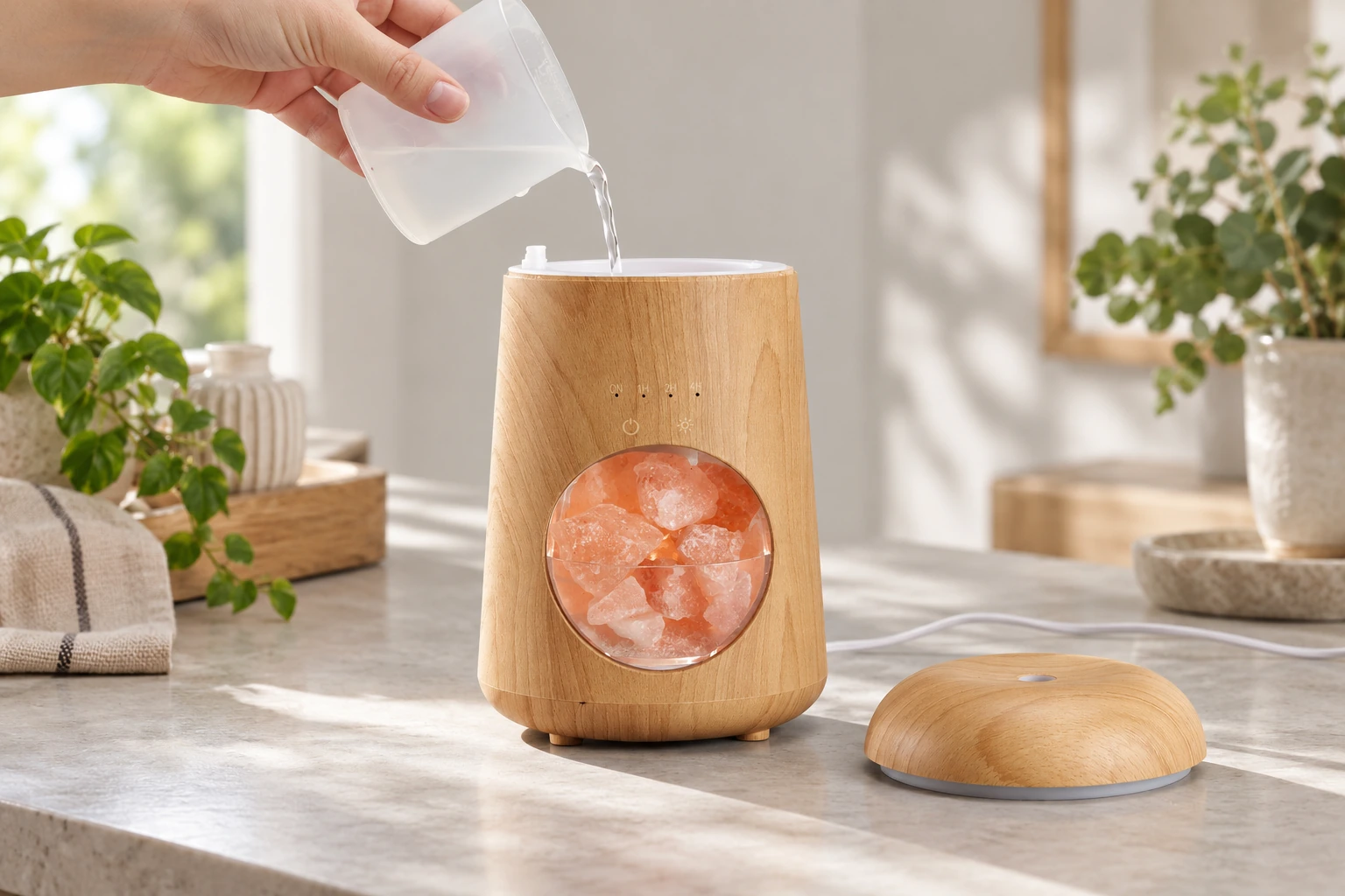 Water poured into the upper tank of a wood grain diffuser with pink salt crystals filling the separate front chamber