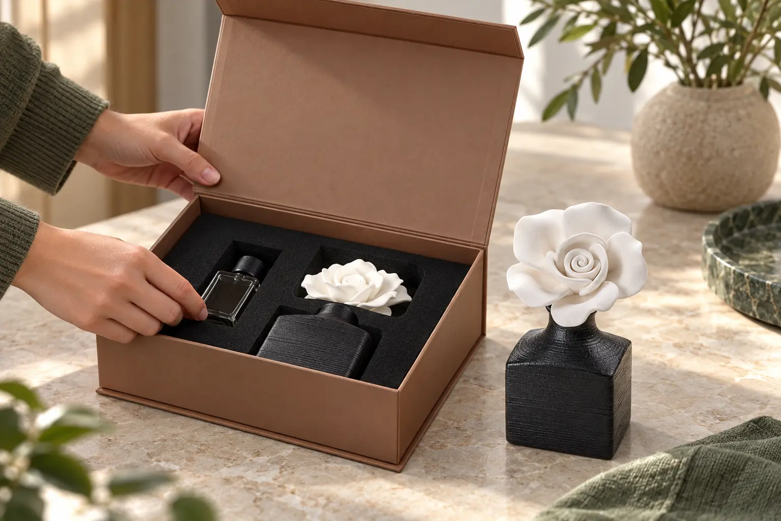 Packing a ceramic flower diffuser gift set with a separate fragrance bottle and protective insert.