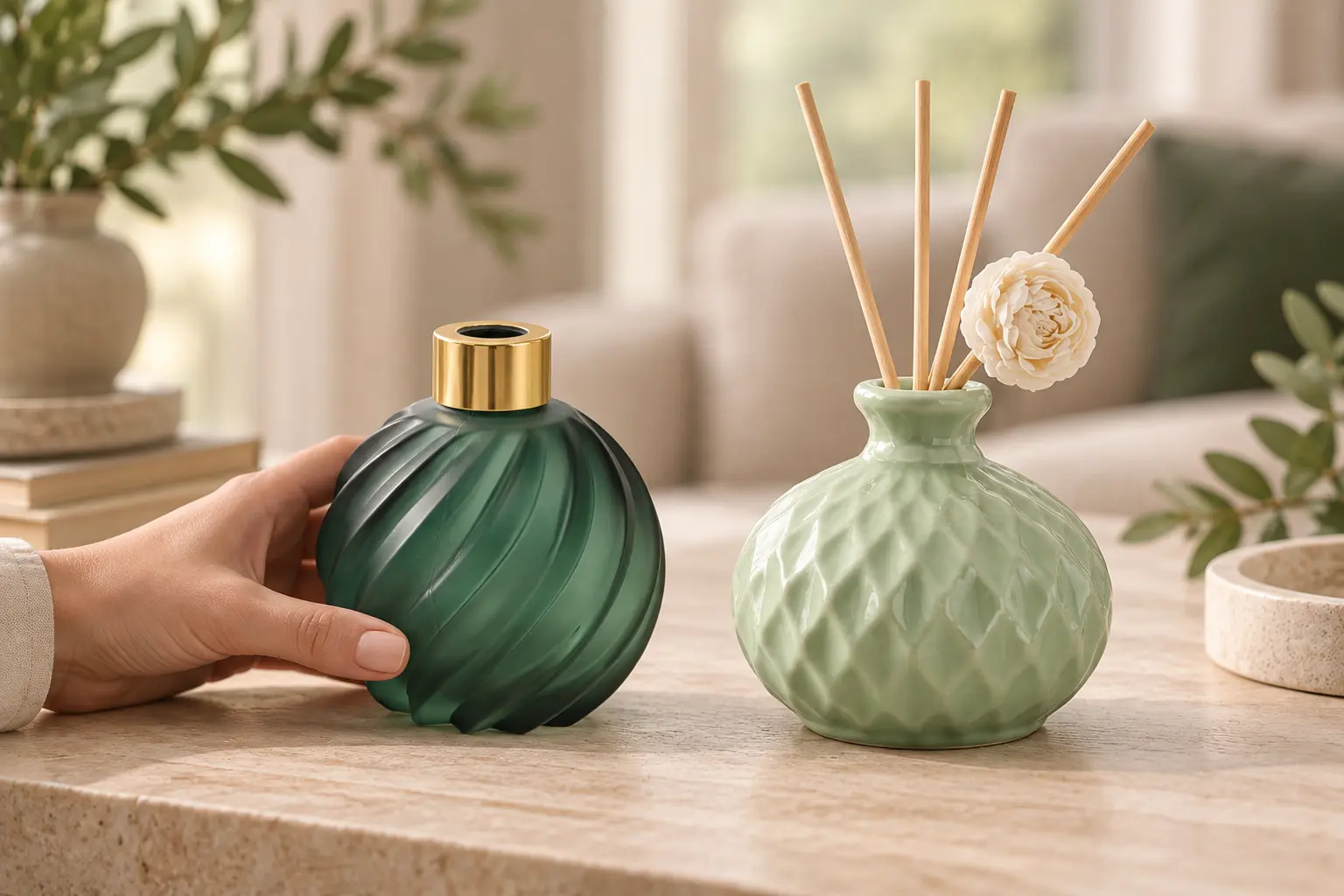 Buyer comparing glass and ceramic diffuser vessel samples for a fragrance range.
