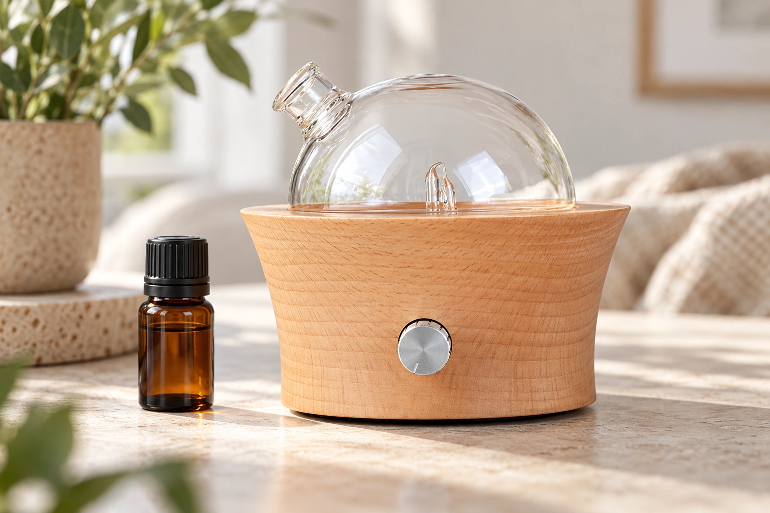 Diffuseur à nébulisation en forme de bol en bois, muni d'un réservoir en verre placé à côté d'un flacon de parfum hermétique.