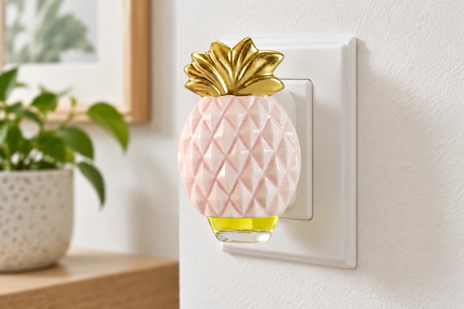 Diffuseur de parfum à l'ananas rose avec une recharge liquide, à fixer à la verticale sur une prise murale.