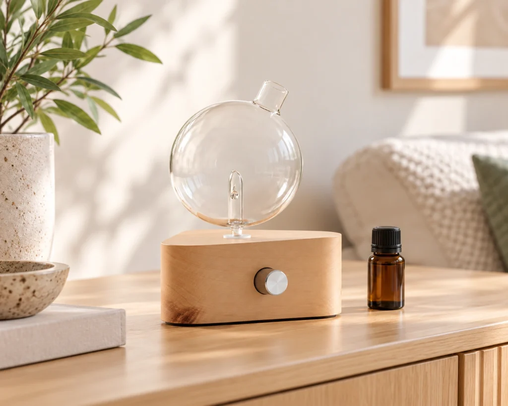 Diffuseur à nébulisation en verre, posé sur un socle ovale en bois, à côté d'un flacon de parfum hermétique.