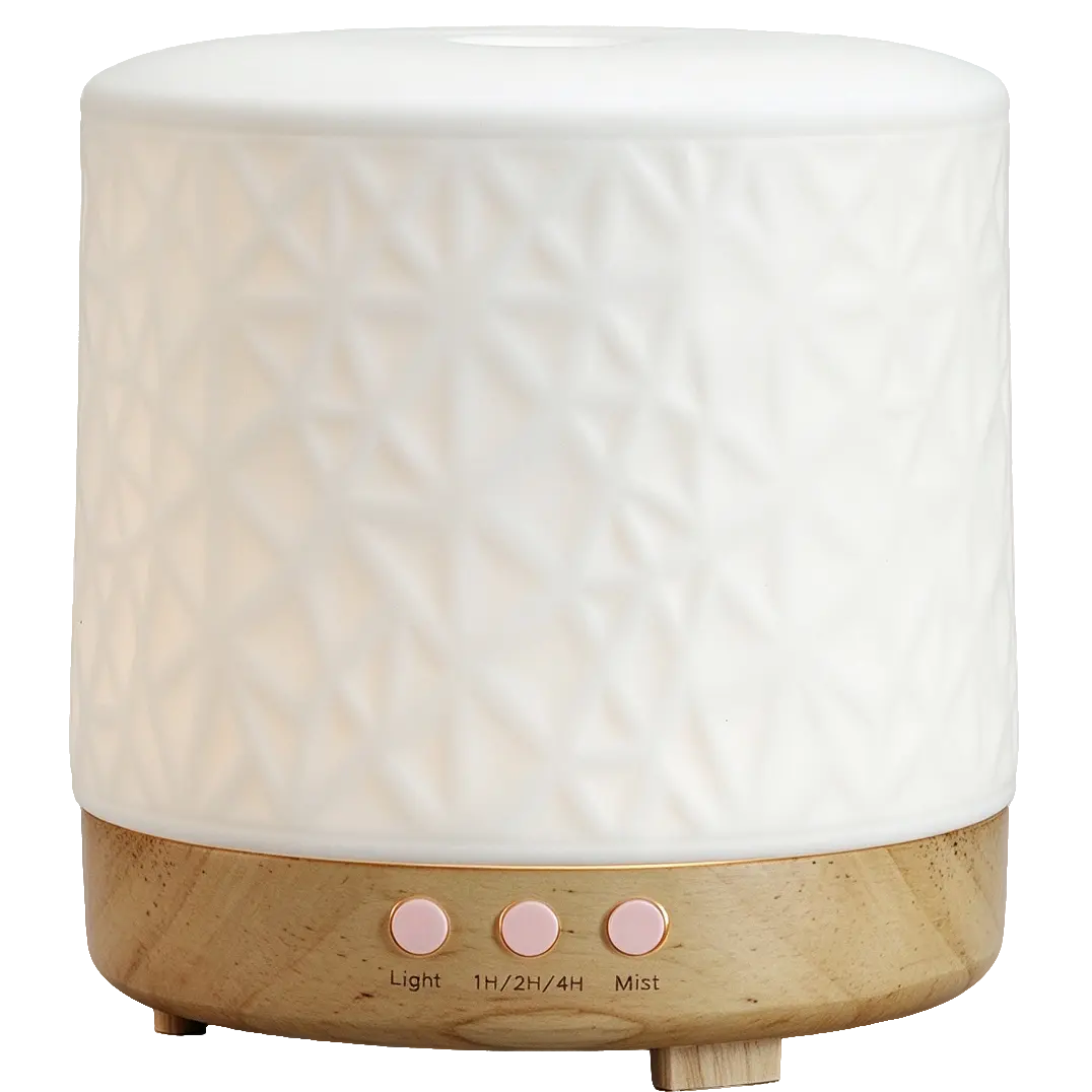 Green-Life ceramic ultrasonic diffuser GF24EA0906E41 with wooden base in a simple modern style, suitable for minimalist home fragrance brands, OEM diffuser programs, and contemporary retail collections.