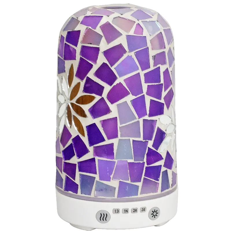 Green-Life mosaic glass ultrasonic diffuser GEA180901 creating colorful ambient lighting effects, designed for decorative home fragrance collections and retail diffuser brands.