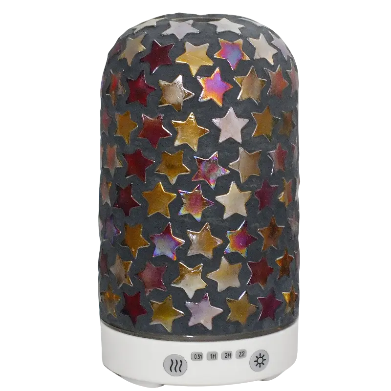 Green-Life mosaic glass ultrasonic diffuser GEA180916 creating colorful ambient lighting effects, designed for decorative home fragrance collections and retail diffuser brands.