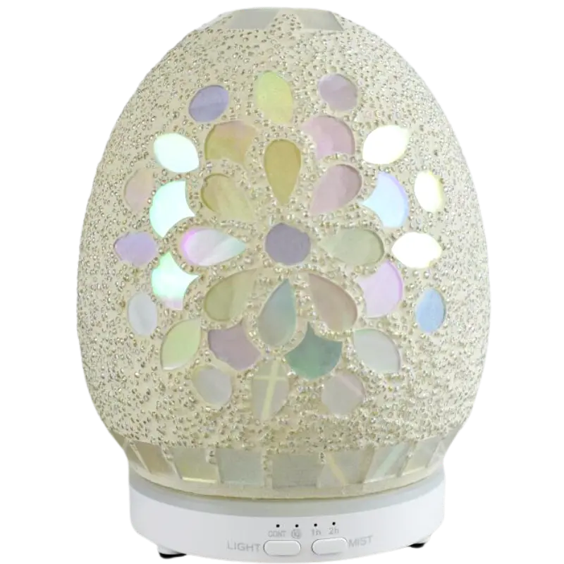 Green-Life mosaic glass ultrasonic diffuser GF24EA148E13 creating colorful ambient lighting effects, designed for decorative home fragrance collections and retail diffuser brands.