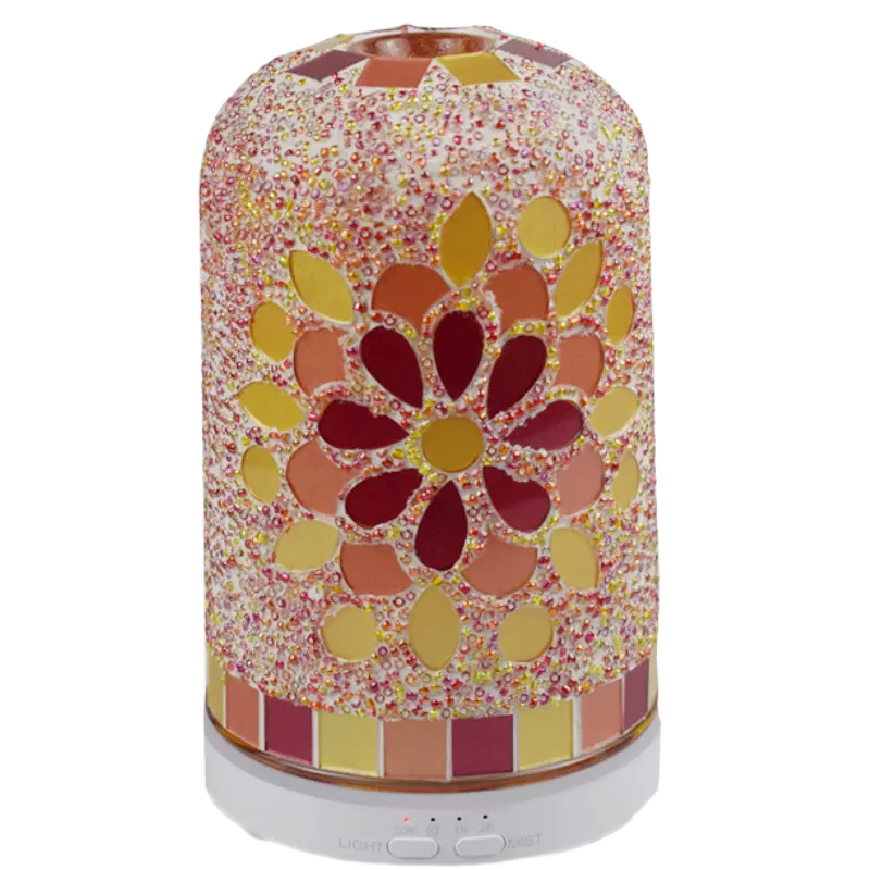 Green-Life mosaic glass ultrasonic diffuser GF24EA150E13 creating colorful ambient lighting effects, designed for decorative home fragrance collections and retail diffuser brands.