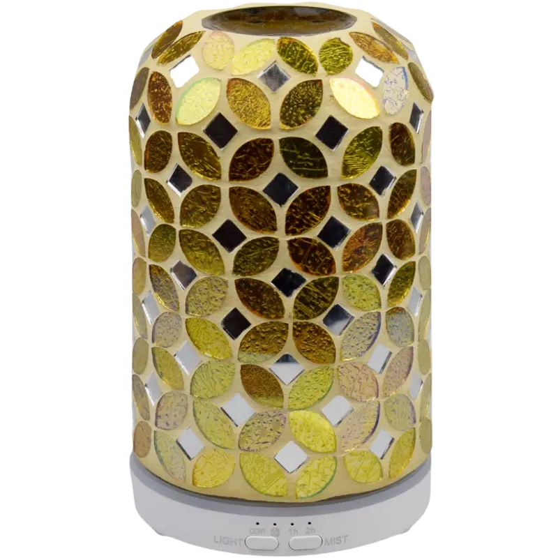 Green-Life mosaic glass ultrasonic diffuser GF24EA151E13 creating colorful ambient lighting effects, designed for decorative home fragrance collections and retail diffuser brands.