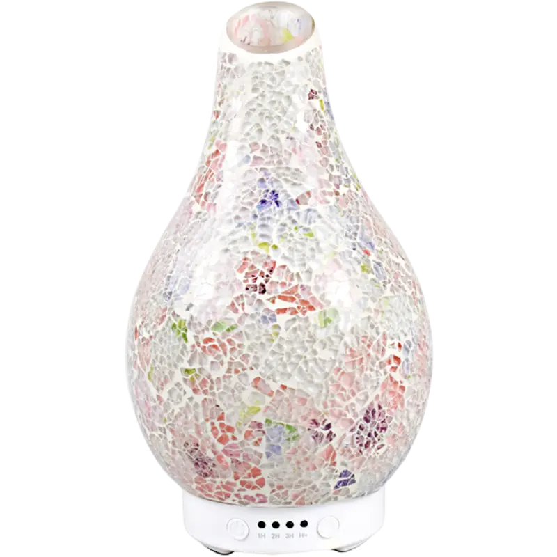Green-Life mosaic glass ultrasonic diffuser GF24EA153E13 creating colorful ambient lighting effects, designed for decorative home fragrance collections and retail diffuser brands.