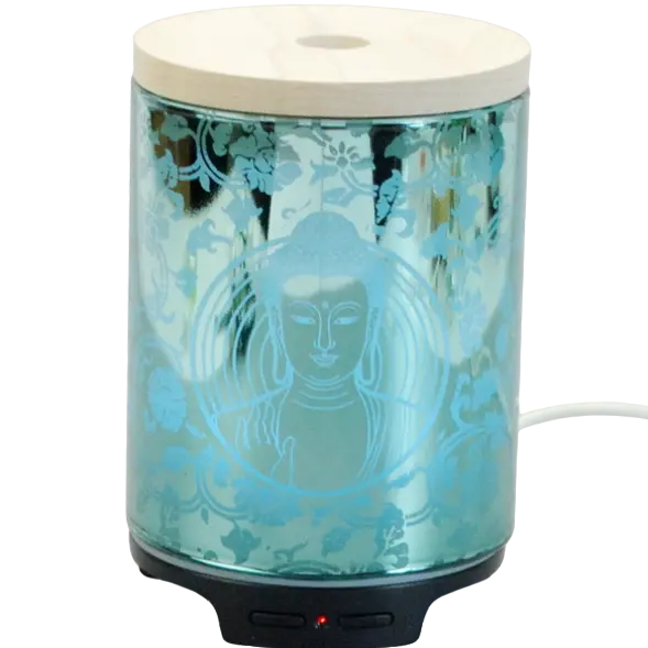 Green-Life glass ultrasonic diffuser GL24EA233 with laser engraved decorative patterns, designed for home fragrance brands looking for elegant and customizable diffuser designs.
