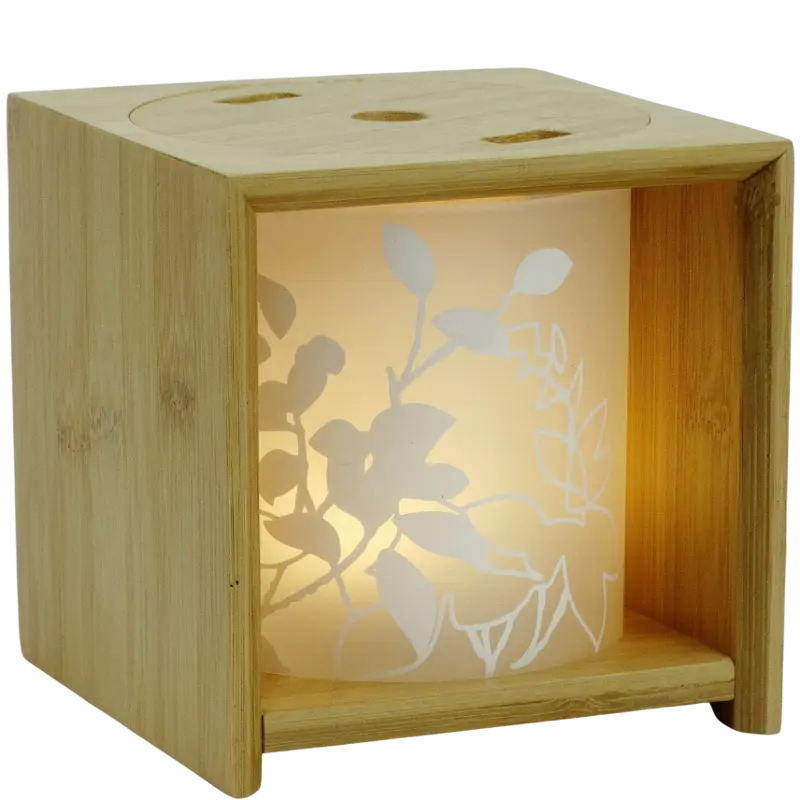 Green-Life glass ultrasonic diffuser GL24EA732 with bamboo frame structure, ideal for eco inspired aromatherapy collections.