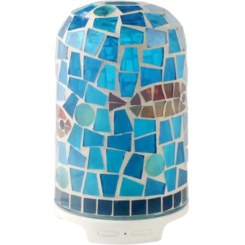 Green-Life mosaic glass ultrasonic diffuser GLEA20535 creating colorful ambient lighting effects, designed for decorative home fragrance collections and retail diffuser brands.