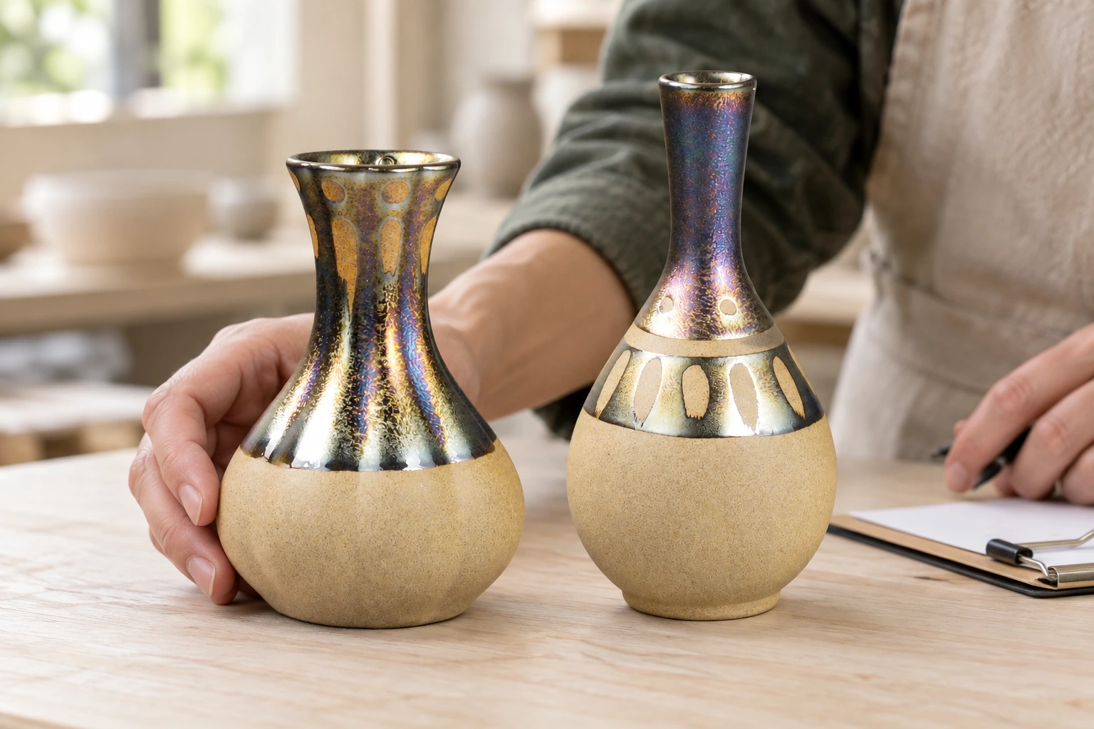 Compare metallic glaze appearance on two ceramic reed diffuser vessel designs