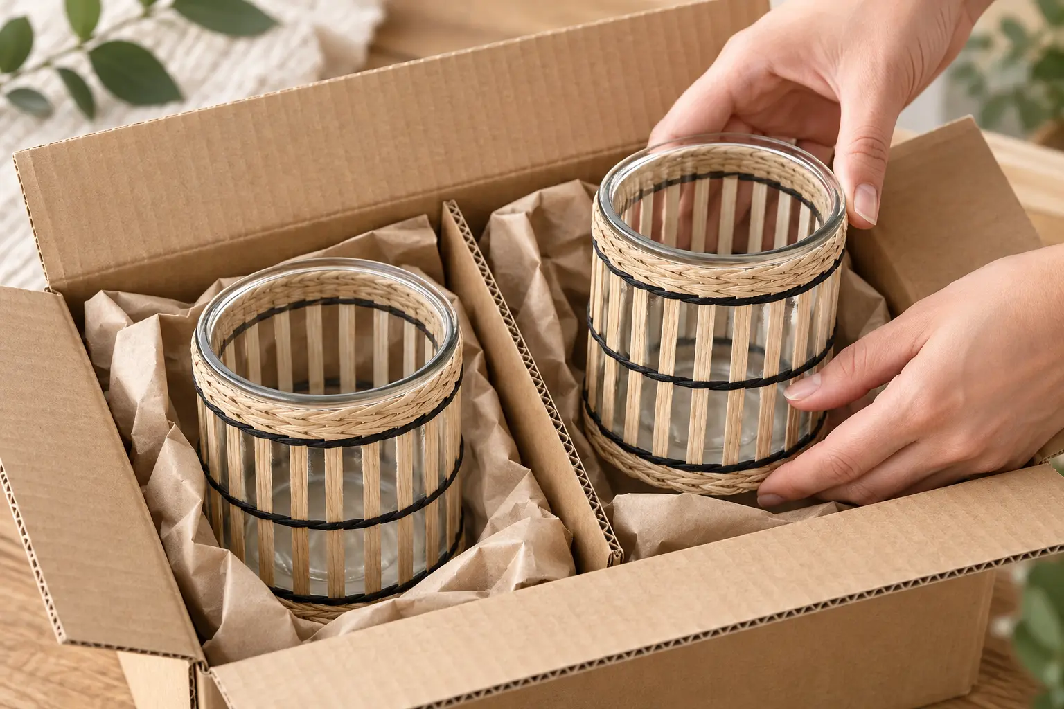 Assess divider fit and protective spacing for glass candle jars with external decorative sleeves