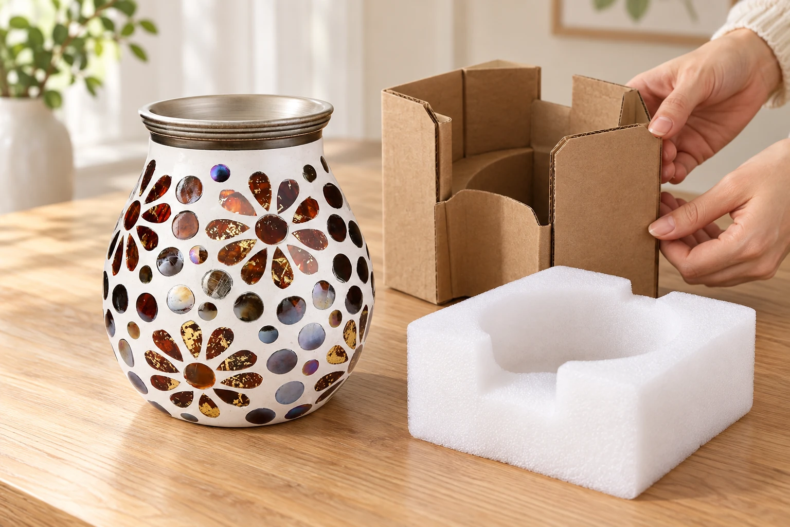 Un chauffe-cire en mosaïque avec un récipient vide à côté d'inserts en carton et en EPE