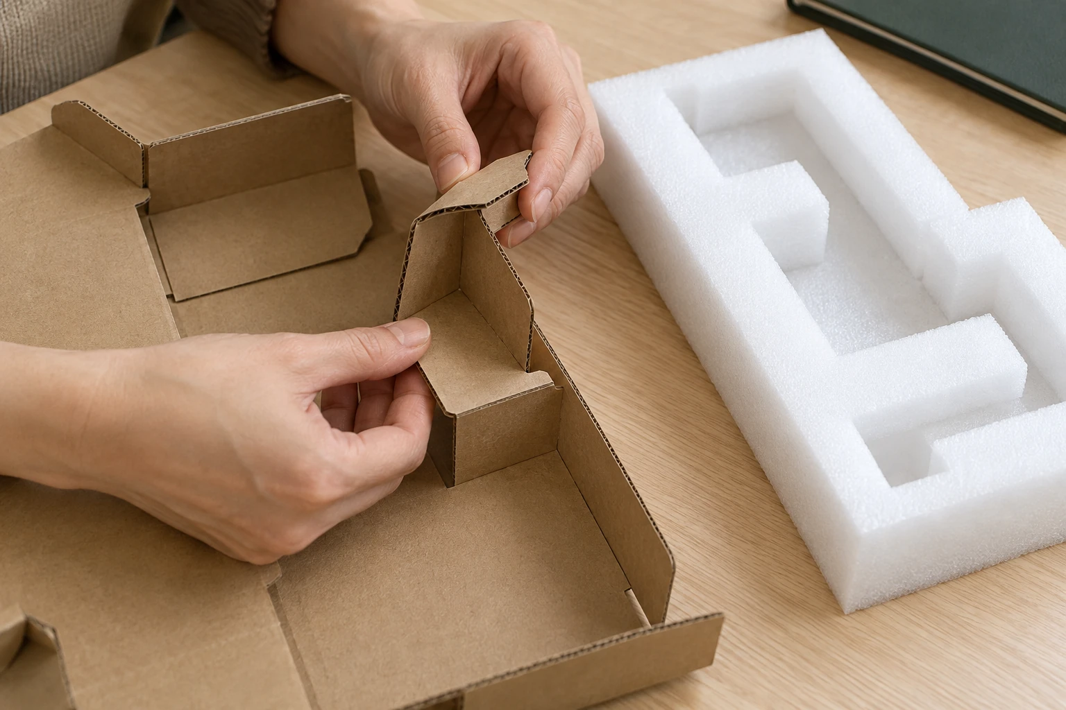 Des mains examinent un support en carton plié à côté d'un insert en mousse EPE découpé