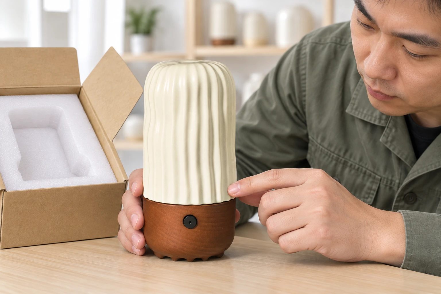 Un contrôleur qualité examine un diffuseur cannelé de couleur crème à côté de son emballage de protection