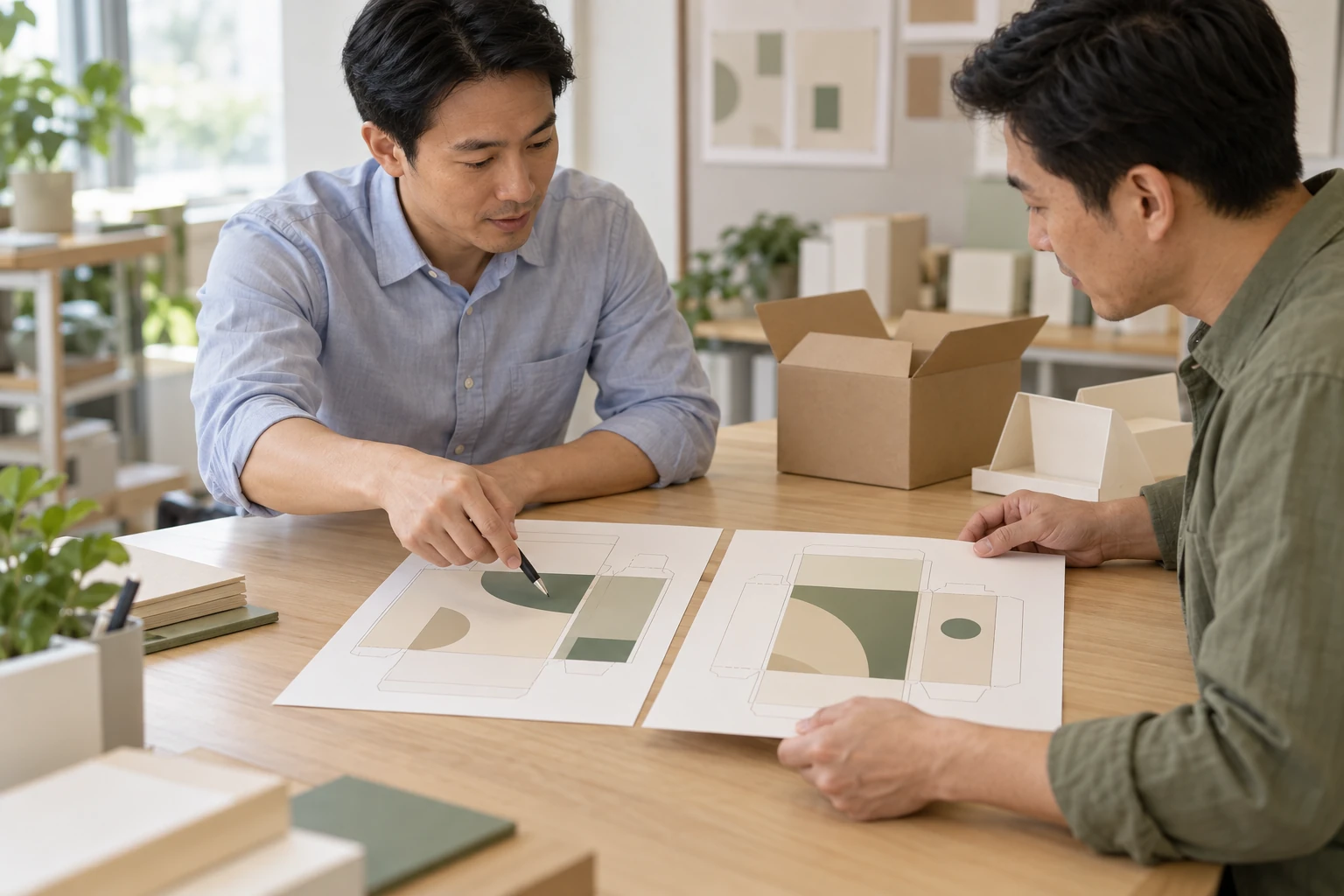 Deux collègues comparent différentes versions des illustrations d'emballage lors d'un passage de relais au service du contrôle qualité